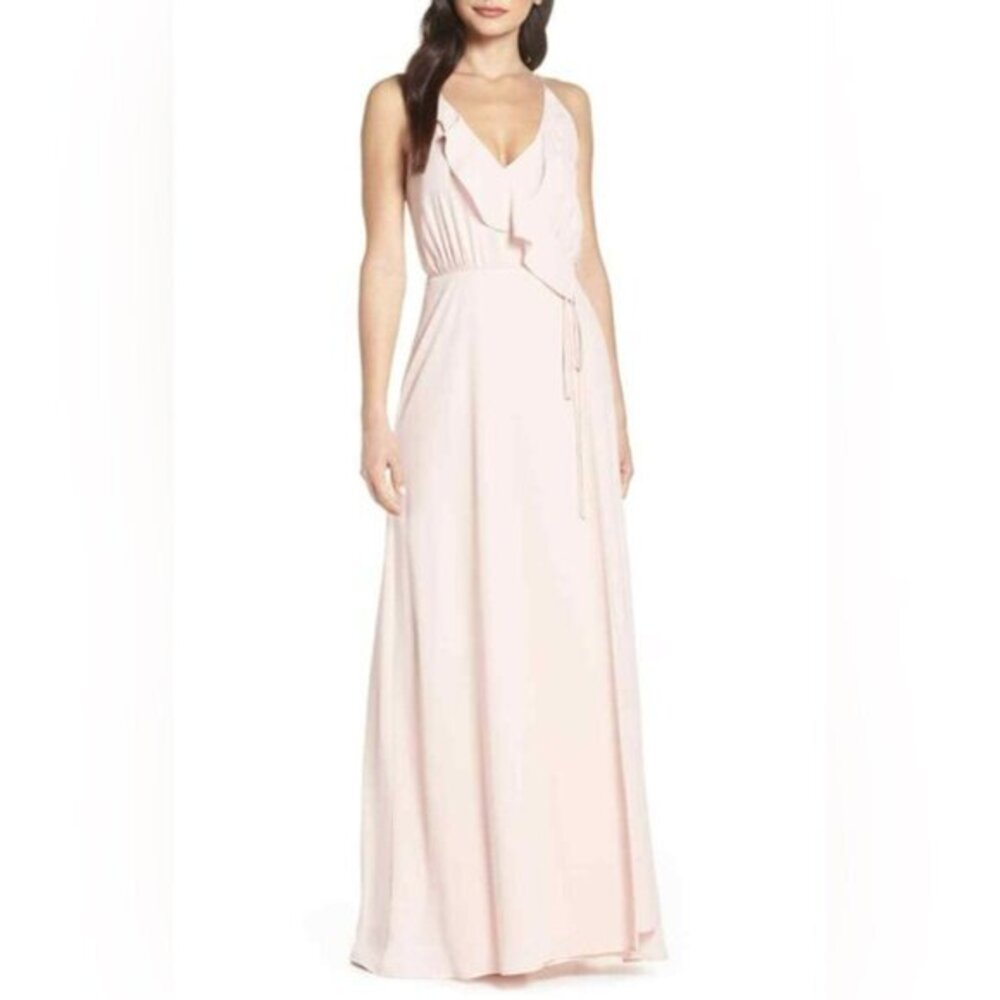 Revolve Wayf Long Formal Maxi Dress Ruffle Wrap Attached Tie Waist Gown Pink XXS